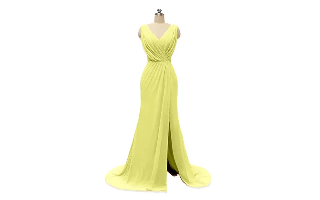 V Neck Chiffon Long Bridesmaid Dresses With Slit - Daffodil