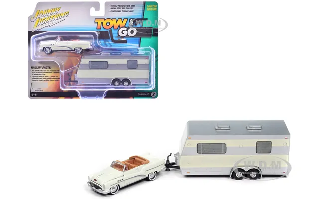 1953 Buick Super Cream With Travel Trailer Limited Edition Tow & Go Series 1 64 Diecast Model Car By Johnny Lightning