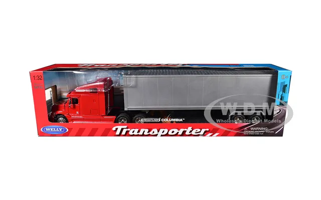 Freightliner Columbia Truck Red With Gray Container 1 32 Diecast Model By Welly