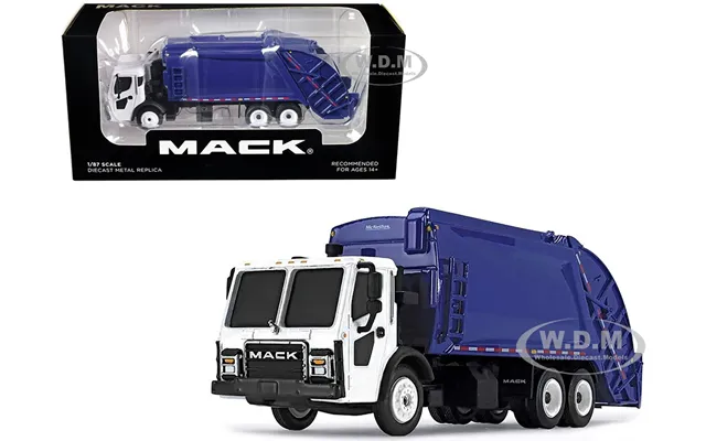 Mack Lr With Mcneilus Rear Load Refuse Body Blue And White 1 87 Diecast Model By First Gear