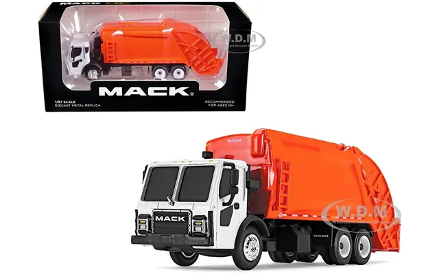 Mack Lr With Mcneilus Rear Load Refuse Body Orange And White 1 87 Diecast Model By First Gear