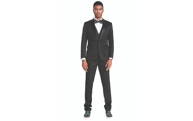 Black Plaid Men's Tuxedo With One Button Peak Lapel & Double Breasted Vest