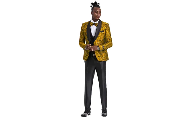 Gold Paisley Floral Men's Slim Fit Prom Tuxedo - One Button Vested