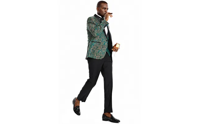 Green & Gold Paisley Men's One Button Vested Shawl Tuxedo For Prom & Wedding
