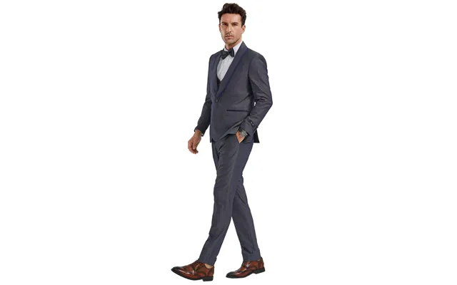 Grey Birdseye Men's Shawl Tuxedo With Blue Trim - One Button Vested