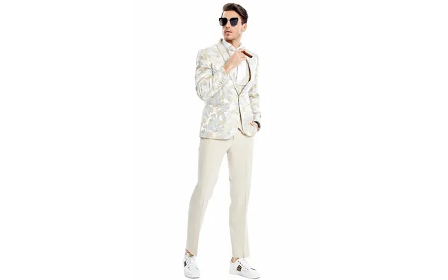 Men's Floral Print Wedding Tuxedo Suit - One Button Vested, Tan