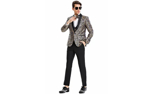 Men's Navy Blue & Gold Paisley Shawl Tuxedo - One Button Vested Prom & Wedding Suit