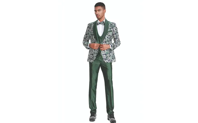 Men's Slim Fit Paisley Shawl Lapel Tuxedo - One Button Vested Prom Suit In Hunter Green