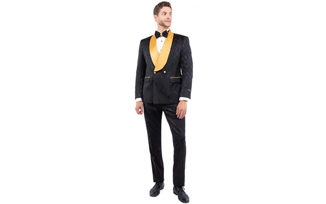 Men's Slim Fit Paisley Smoking Jacket - Double Breasted Black & Gold Tuxedo