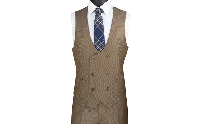 Modern Fit Men's Tuxedo Suit With Double Breasted Vest - Khaki Satin Trim