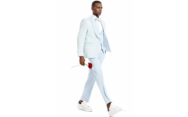 Sky Blue Men's Wedding & Prom Tuxedo - One Button Vested Honeycomb Lace Design