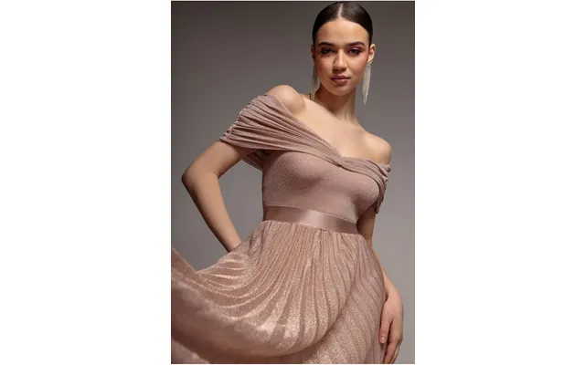 Goddiva Bardot Pleated Skirt Maxi Dress - Blush