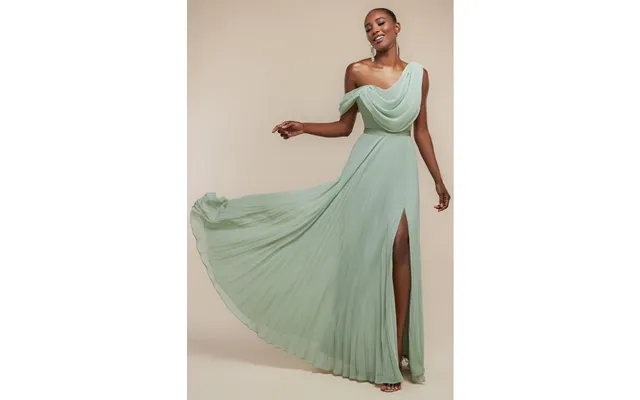 Goddiva Cowl Neck One Shoulder A Line Chiffon Maxi Dress - Sage Green