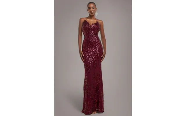 Goddiva Cross Back Diamante Strap Sequin Maxi - Burgundy
