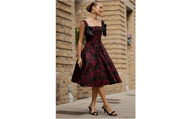 Goddiva Jacquard Multiway Bow Strap Skater Midi Dress - Black