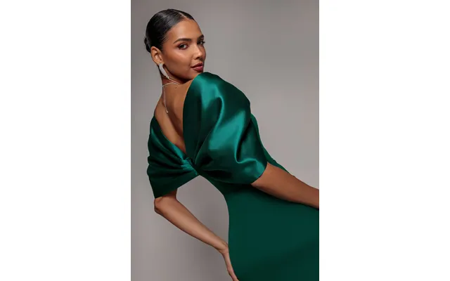 Goddiva Off Shoulder Back Satin Bow Wrap Crepe Midi Dress - Emerald Green
