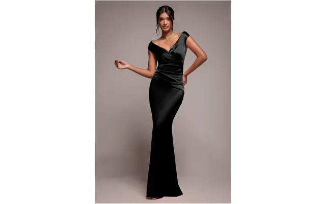 Goddiva Satin Off The Shoulder Maxi Dress - Black