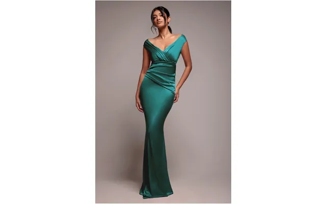 Goddiva Satin Off The Shoulder Maxi Dress - Emerald Green