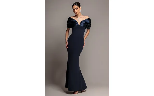 Goddiva Satin Plunge Neck Bardot Scuba Maxi Dress - Navy Blue