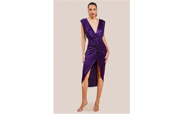 Goddiva Satin Wrap Knotted Midi Dress - Purple