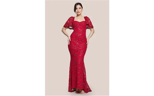 Goddiva Scalloped Cape Open Back Lace & Sequin Maxi Dress - Red