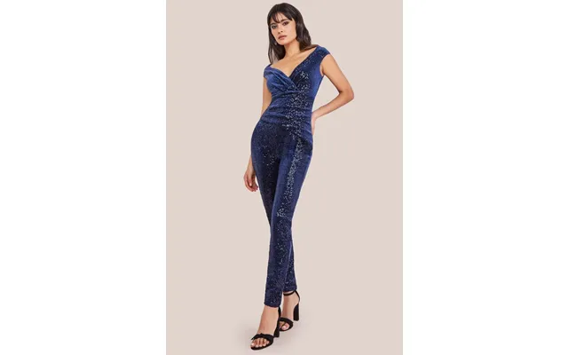 Goddiva Sequin Velvet Bardot Romper - Navy