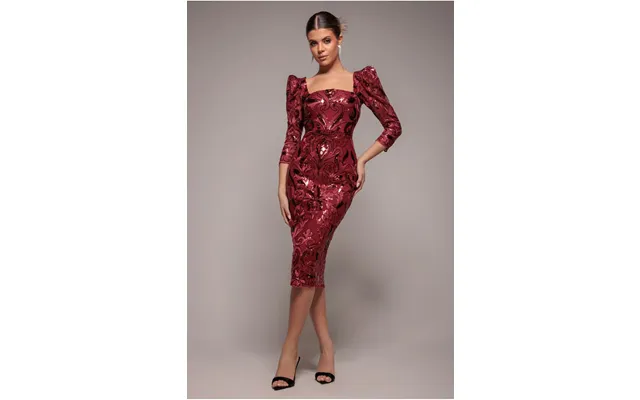 Goddiva Square Neck Scalloped Embroidered Sequin Midi Dress - Wine