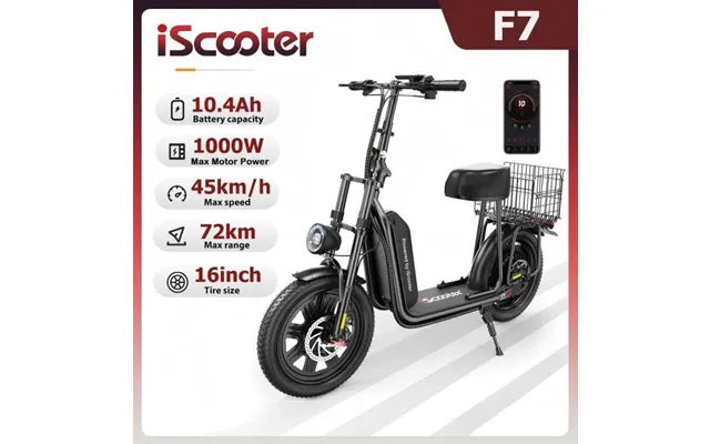 Iscooter F7 48v 1000w E-scooter 45km H 72km Range App Control 16 All-terrain Tires Foldable Rear Basket Perfect Grocery 
