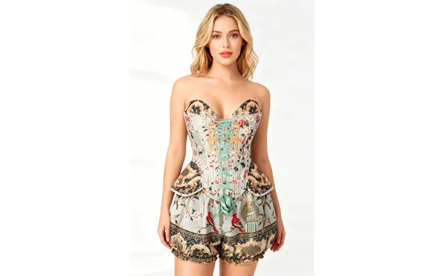 Mint Sage Jessia Printed Steel Boned Corset & Bloomer Set - 32 For 35-36 Inch Natural Waist