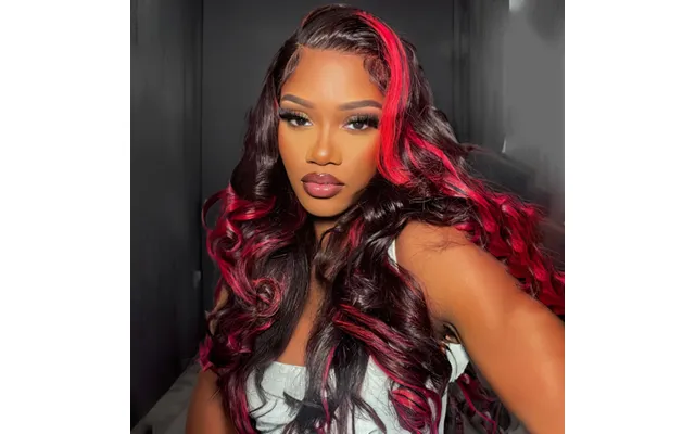 Red With Black Colored Skunk Stripe Straight 13x4 Lace Front Wig