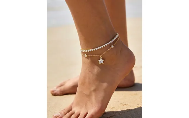 2pcs 18k Gold Plated Cz Star Charm Layered Anklet Set