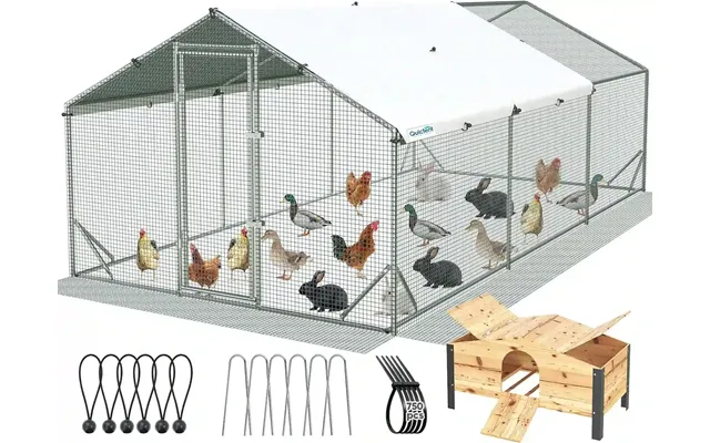 Large Metal Chicken Coop Run - 18x9ft W Extended Wire Nestbox