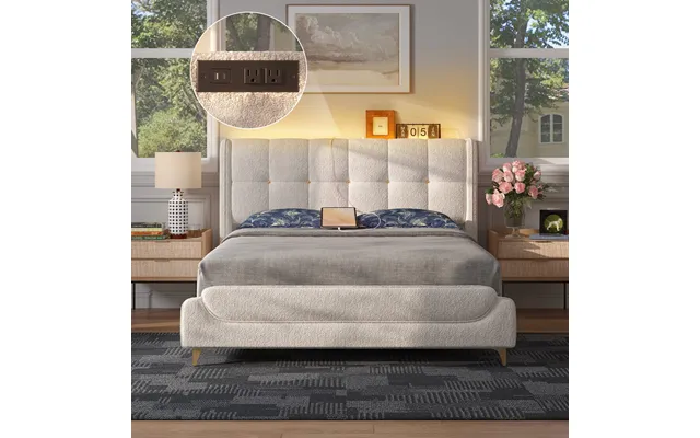 Lamb Wool Upholstered Platform Bed Frame With Charging Station - Cream White Full