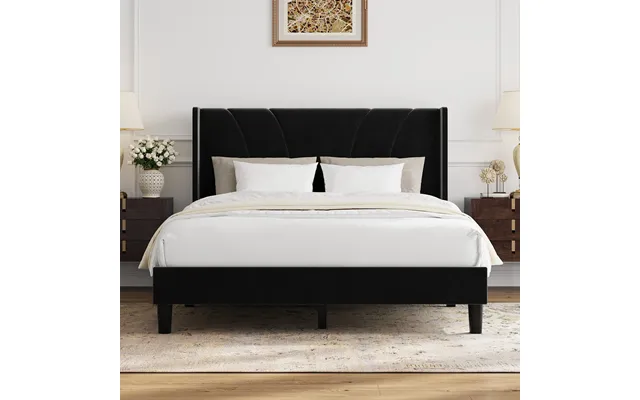 Velvet Upholstered Wingback Platform Bed Frame With Headboard - Black Velvet Queen