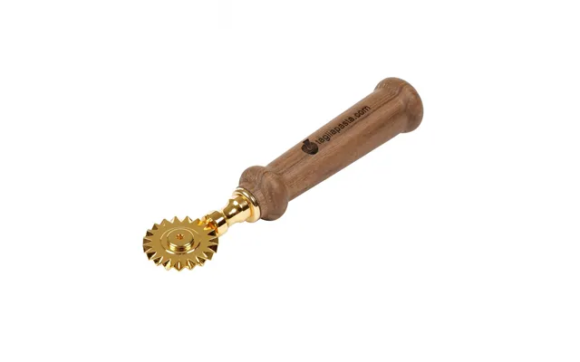 Golden Brass Pasta Cutter With Single Toothed Blade. Walnut Wood Handle