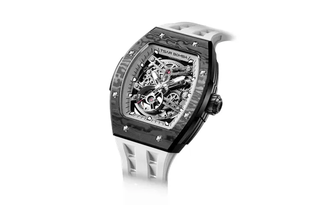 Montre Automatique Homme Tsar Bomba Blanc Élité Boîtier En Acier Inoxydable Bisel En Fibre De Carbone Mouvement Mécaniqu