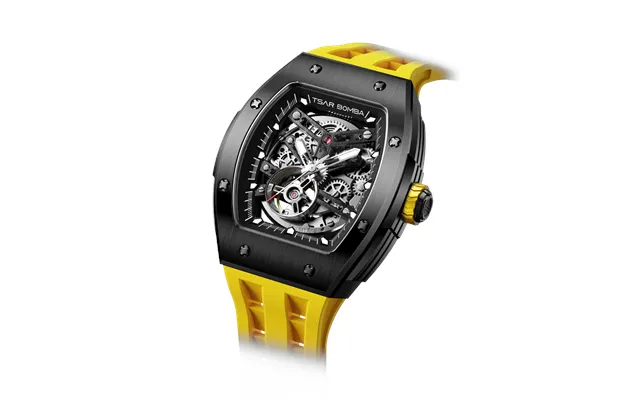 Montre Automatique Homme Tsar Bomba Noir Jaune Boîtier En Acier Inoxydable Mouvement Mécanique Squelette Japonais Montre