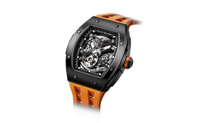 Montre Automatique Homme Tsar Bomba Noir Orange Boîtier En Acier Inoxydable Mouvement Mécanique Squelette Japonais Montr