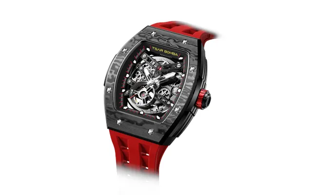 Montre Automatique Homme Tsar Bomba Rouge Passion Boîtier En Acier Inoxydable Bisel En Fibre De Carbone Mouvement Mécani