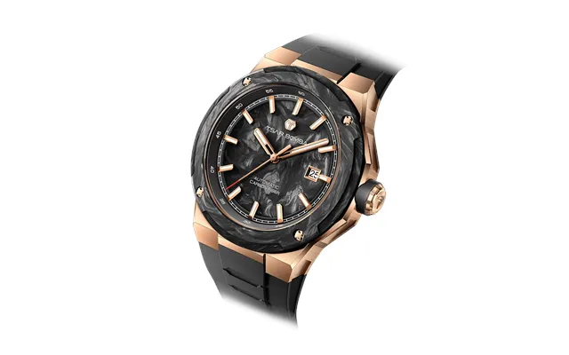 Montre Automatique Mécanique Tsar Bomba Electron Series Noir Or Rose Bisel Et Cadran En Pleine Fibre De Carbone Verre Sa