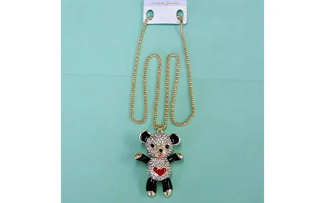 Women Fashion Rhinestone Bling Long Sweater Necklace - Black Bear With Red Heart