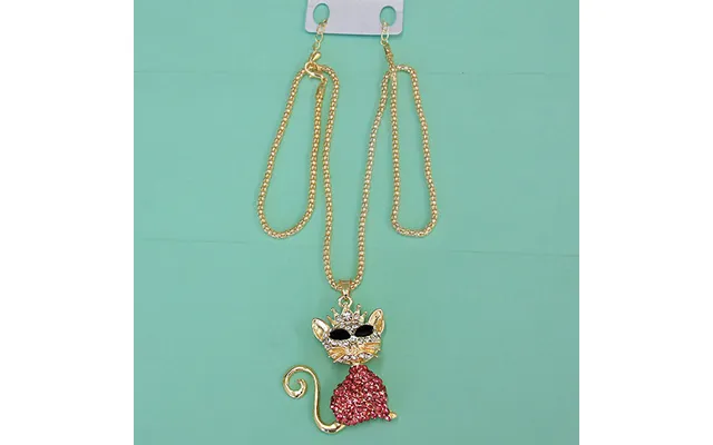 Women Fashion Rhinestone Bling Long Sweater Necklace - Pink Cat