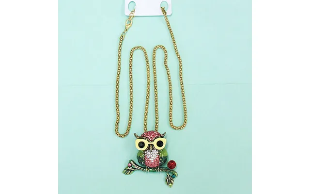 Women Fashion Rhinestone Bling Long Sweater Necklace - Pink & White Owl With Yellow Glasses