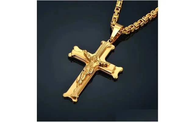 14k Gelbgold Großer Jesus Kreuz Anhänger Mit Langer Kette Herren Farbe Kruzifix Halsketten Männlicher Relius Schmuck Dro