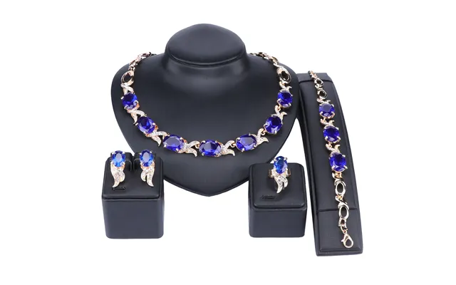 Austrian Crystals Bridal Jewelry Sets Gold Color Blue Dubai For Women Necklace Bracelet Earrings Ring Bridal