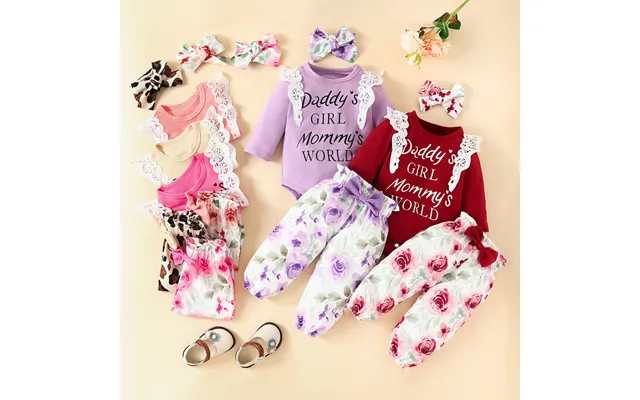 Babies' Clothing Baby Lace Lace Long-sleeved Alphabet Romper Bow Trousers Baby Girl Floral Long-sleeved Trousers Set