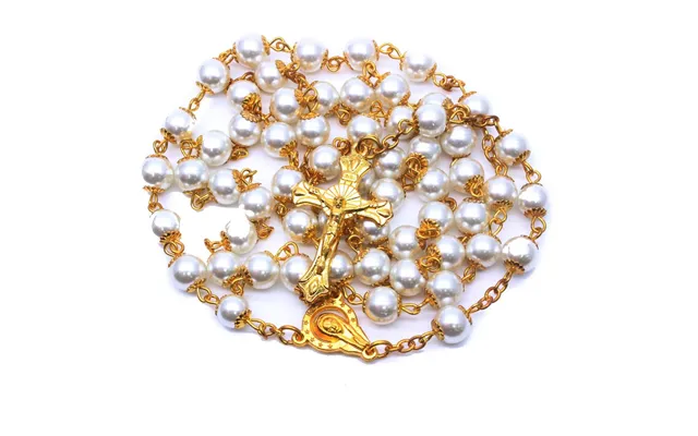 Catholic Round Imitation Pearl Long Chain Necklace Orthodox Rosary Cross Jesus Religious Praying Jewelry Gift Collana
