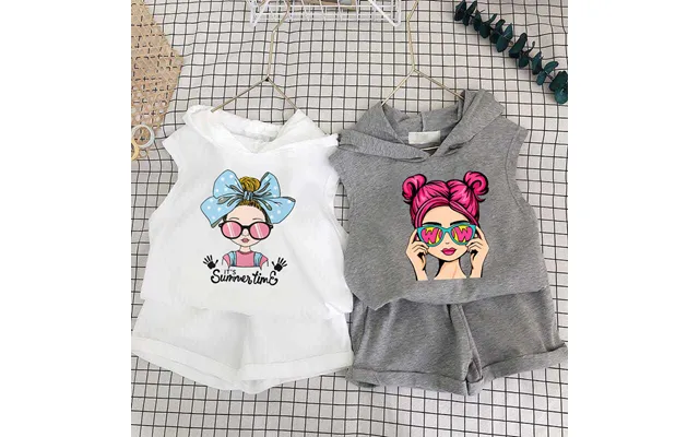 Children's Clothing 2025 New Girls Shorts Suit Hooded Two Piece Korean Style Fashion Cartoon Vest Trend