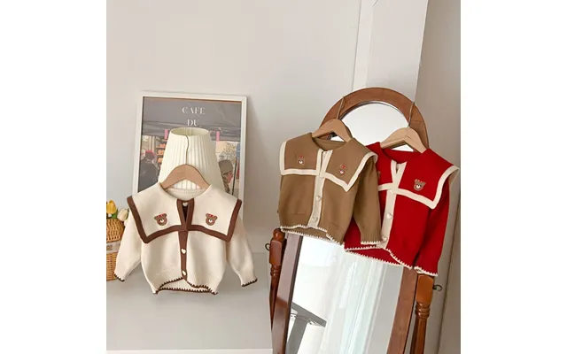 Children's Girl Doll 2024 Autumn Winter New Cute Little Bear Pattern Big Flip Collar Women's Cardigan Knitted Sweater