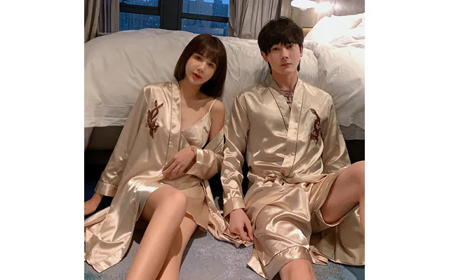 Couple's Nightgown Silk Ice Silk Embroidered Bathrobe Plus Size Loose Pajamas Set